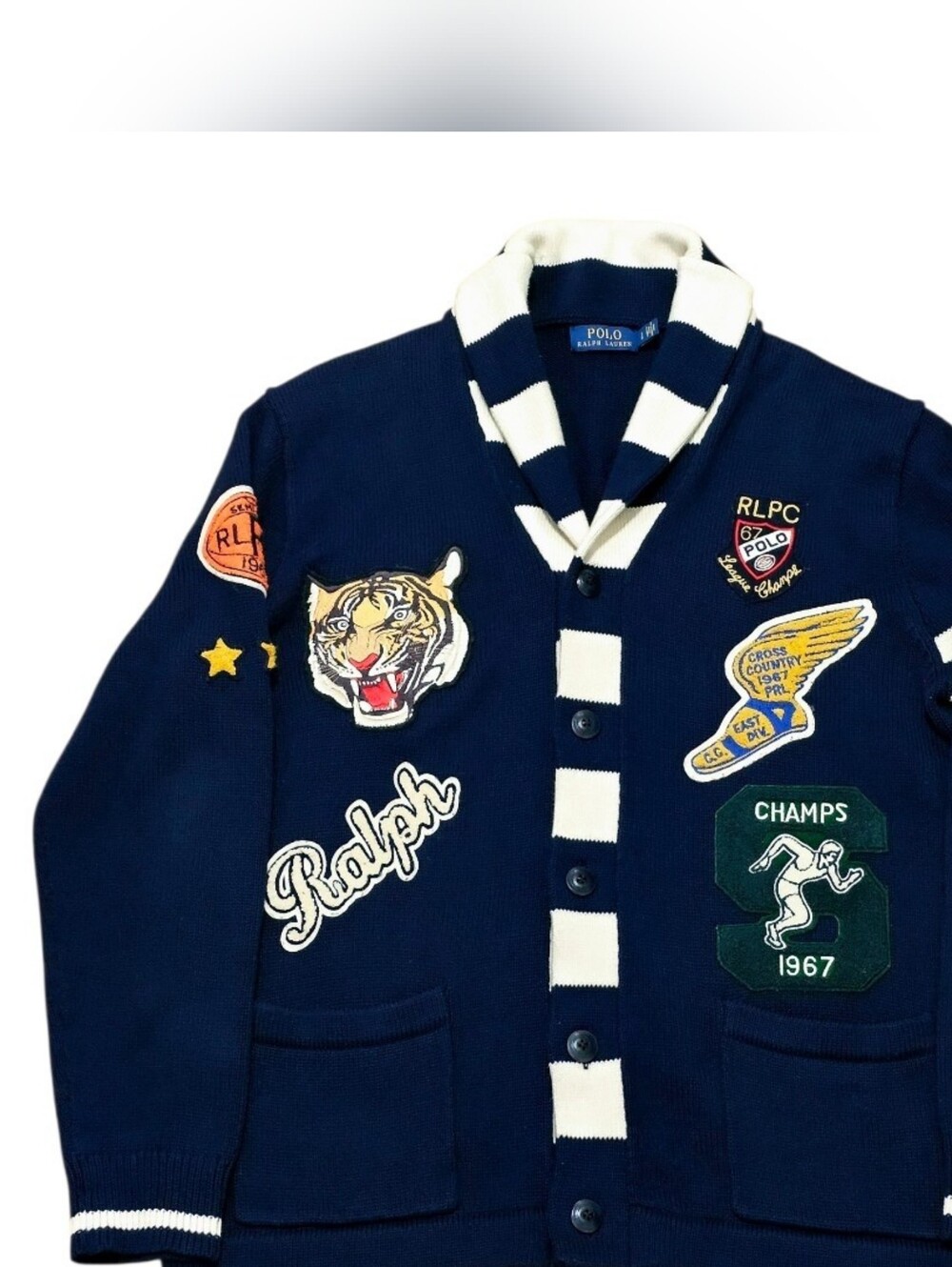 Ralph Lauren Navy & White Shawl-Collar Patchwork Cardigan